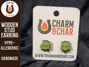 Monster Wood Stud Earrings - Animal Fashion Earring - Stud Earring - Charm and Char
